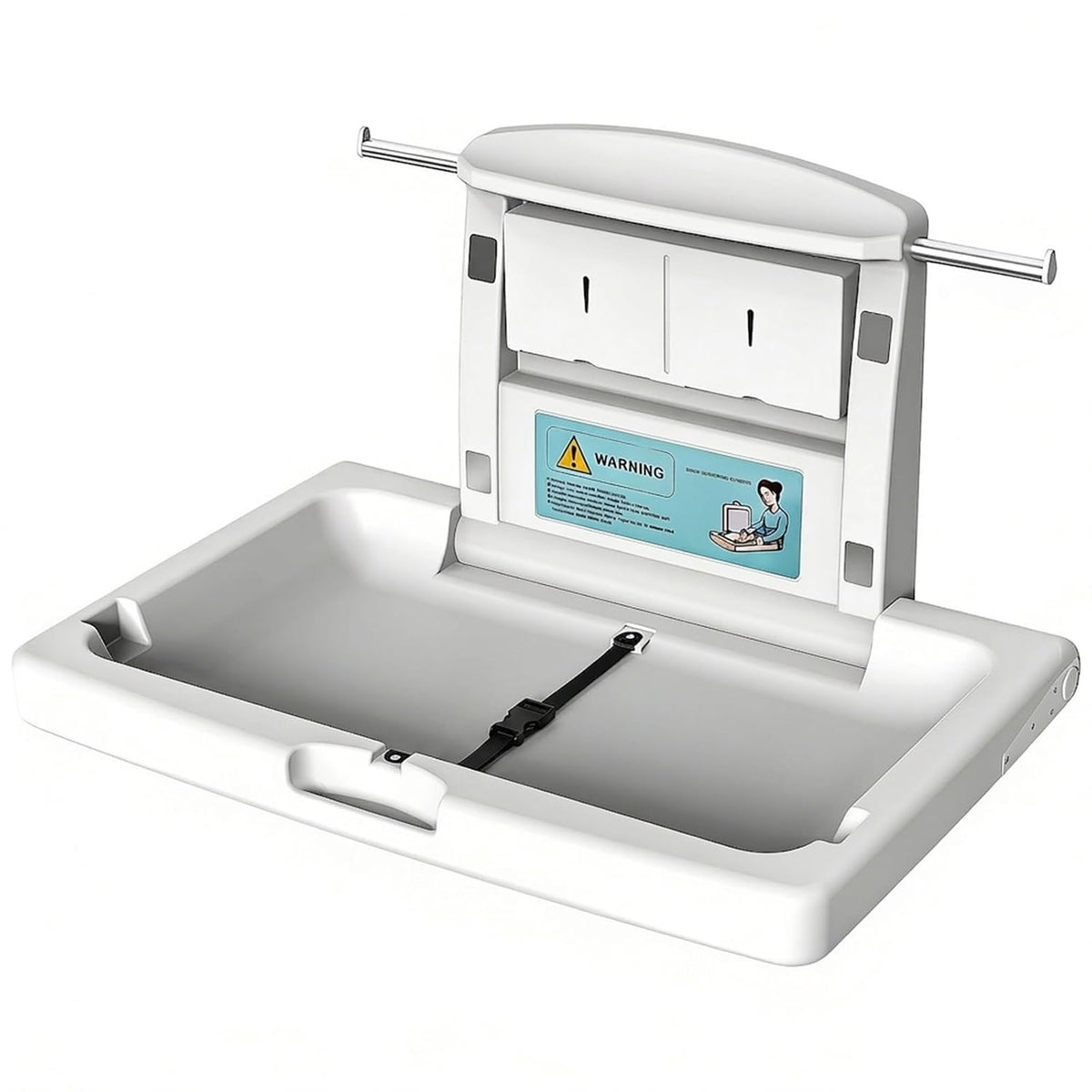 Commercial Baby Changing Station Wall Mounted Fold Down Diaper Changing Table for Public Restrooms, HDPE Changing Station with Safety Strap, Storage Shelf & Bag Hooks, Supports Up to 45lbs
