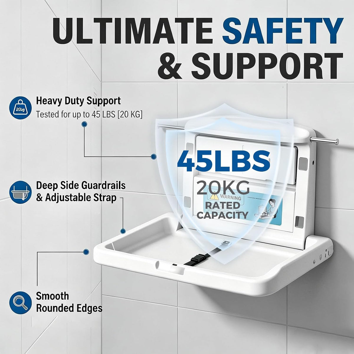 Commercial Baby Changing Station Wall Mounted Fold Down Diaper Changing Table for Public Restrooms, HDPE Changing Station with Safety Strap, Storage Shelf & Bag Hooks, Supports Up to 45lbs