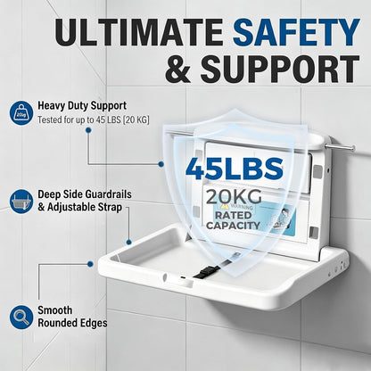 Commercial Baby Changing Station Wall Mounted Fold Down Diaper Changing Table for Public Restrooms, HDPE Changing Station with Safety Strap, Storage Shelf & Bag Hooks, Supports Up to 45lbs