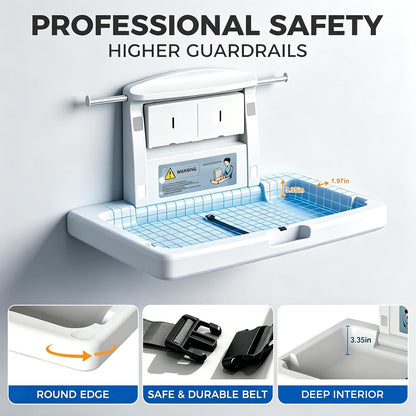 Commercial Baby Changing Station Wall Mounted Fold Down Diaper Changing Table for Public Restrooms, HDPE Changing Station with Safety Strap, Storage Shelf & Bag Hooks, Supports Up to 45lbs