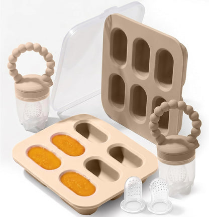 Silicone Baby Fruit Feeders with Freezer Tray for Batch Prep, Set of 2 – Safe & Convenient, Includes Extra Pouches & Travel Lids, Dishwasher Safe