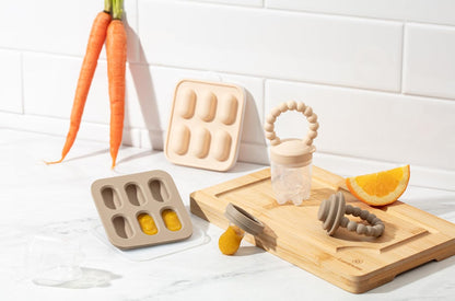Silicone Baby Fruit Feeders with Freezer Tray for Batch Prep, Set of 2 – Safe & Convenient, Includes Extra Pouches & Travel Lids, Dishwasher Safe