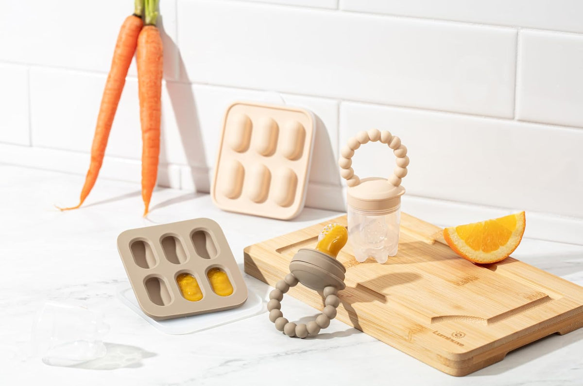 Silicone Baby Fruit Feeders with Freezer Tray for Batch Prep, Set of 2 – Safe & Convenient, Includes Extra Pouches & Travel Lids, Dishwasher Safe