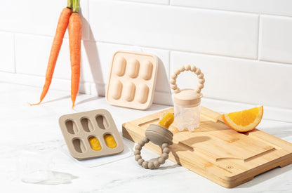 Silicone Baby Fruit Feeders with Freezer Tray for Batch Prep, Set of 2 – Safe & Convenient, Includes Extra Pouches & Travel Lids, Dishwasher Safe