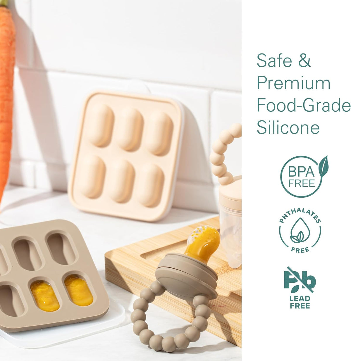 Silicone Baby Fruit Feeders with Freezer Tray for Batch Prep, Set of 2 – Safe & Convenient, Includes Extra Pouches & Travel Lids, Dishwasher Safe