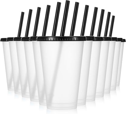 12 Pcs Plastic Tumbler with Lids and Straws Reusable Plastic Tumblers Bulk Mug Tumbler with Straw and Lid Tumbler Ice Cold Drinking Cup for Water Smoothie Birthday Party (White,24oz)