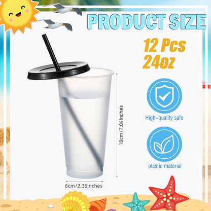 12 Pcs Plastic Tumbler with Lids and Straws Reusable Plastic Tumblers Bulk Mug Tumbler with Straw and Lid Tumbler Ice Cold Drinking Cup for Water Smoothie Birthday Party (White,24oz)