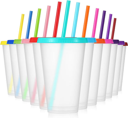 12 Pcs Plastic Tumbler with Lids and Straws Reusable Plastic Tumblers Bulk Mug Tumbler with Straw and Lid Tumbler Ice Cold Drinking Cup for Water Smoothie Birthday Party (White,24oz)