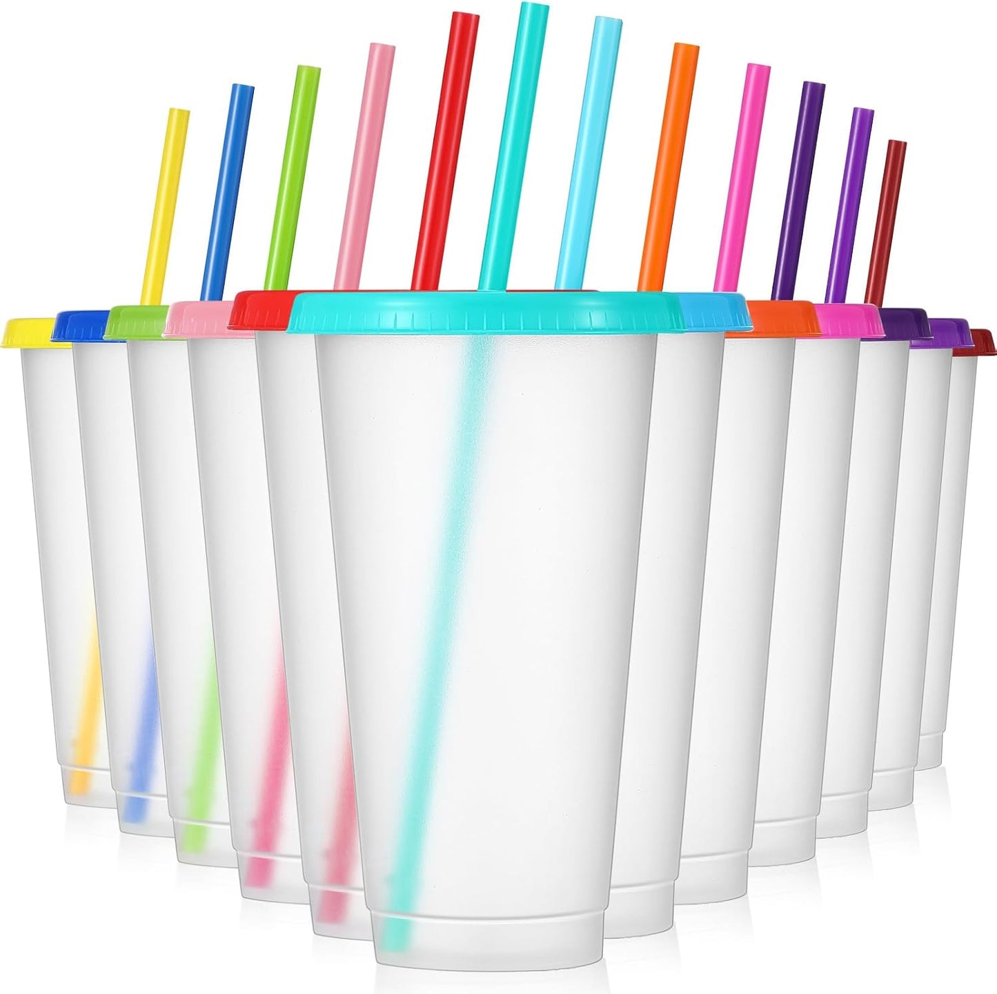 12 Pcs Plastic Tumbler with Lids and Straws Reusable Plastic Tumblers Bulk Mug Tumbler with Straw and Lid Tumbler Ice Cold Drinking Cup for Water Smoothie Birthday Party (White,24oz)