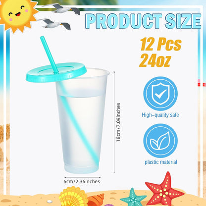 12 Pcs Plastic Tumbler with Lids and Straws Reusable Plastic Tumblers Bulk Mug Tumbler with Straw and Lid Tumbler Ice Cold Drinking Cup for Water Smoothie Birthday Party (White,24oz)