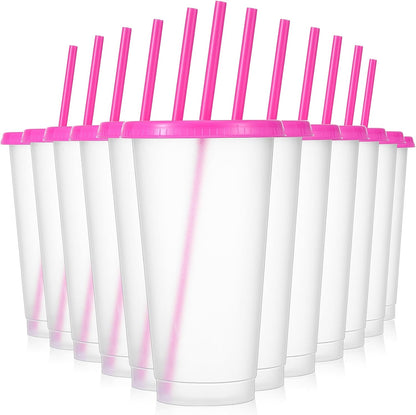 12 Pcs Plastic Tumbler with Lids and Straws Reusable Plastic Tumblers Bulk Mug Tumbler with Straw and Lid Tumbler Ice Cold Drinking Cup for Water Smoothie Birthday Party (White,24oz)