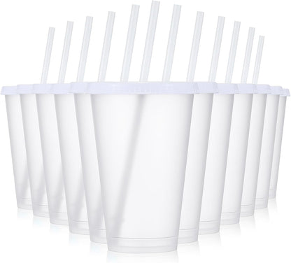 12 Pcs Plastic Tumbler with Lids and Straws Reusable Plastic Tumblers Bulk Mug Tumbler with Straw and Lid Tumbler Ice Cold Drinking Cup for Water Smoothie Birthday Party (White,24oz)