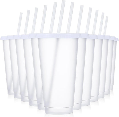12 Pcs Plastic Tumbler with Lids and Straws Reusable Plastic Tumblers Bulk Mug Tumbler with Straw and Lid Tumbler Ice Cold Drinking Cup for Water Smoothie Birthday Party (White,24oz)