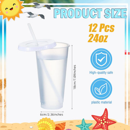 12 Pcs Plastic Tumbler with Lids and Straws Reusable Plastic Tumblers Bulk Mug Tumbler with Straw and Lid Tumbler Ice Cold Drinking Cup for Water Smoothie Birthday Party (White,24oz)