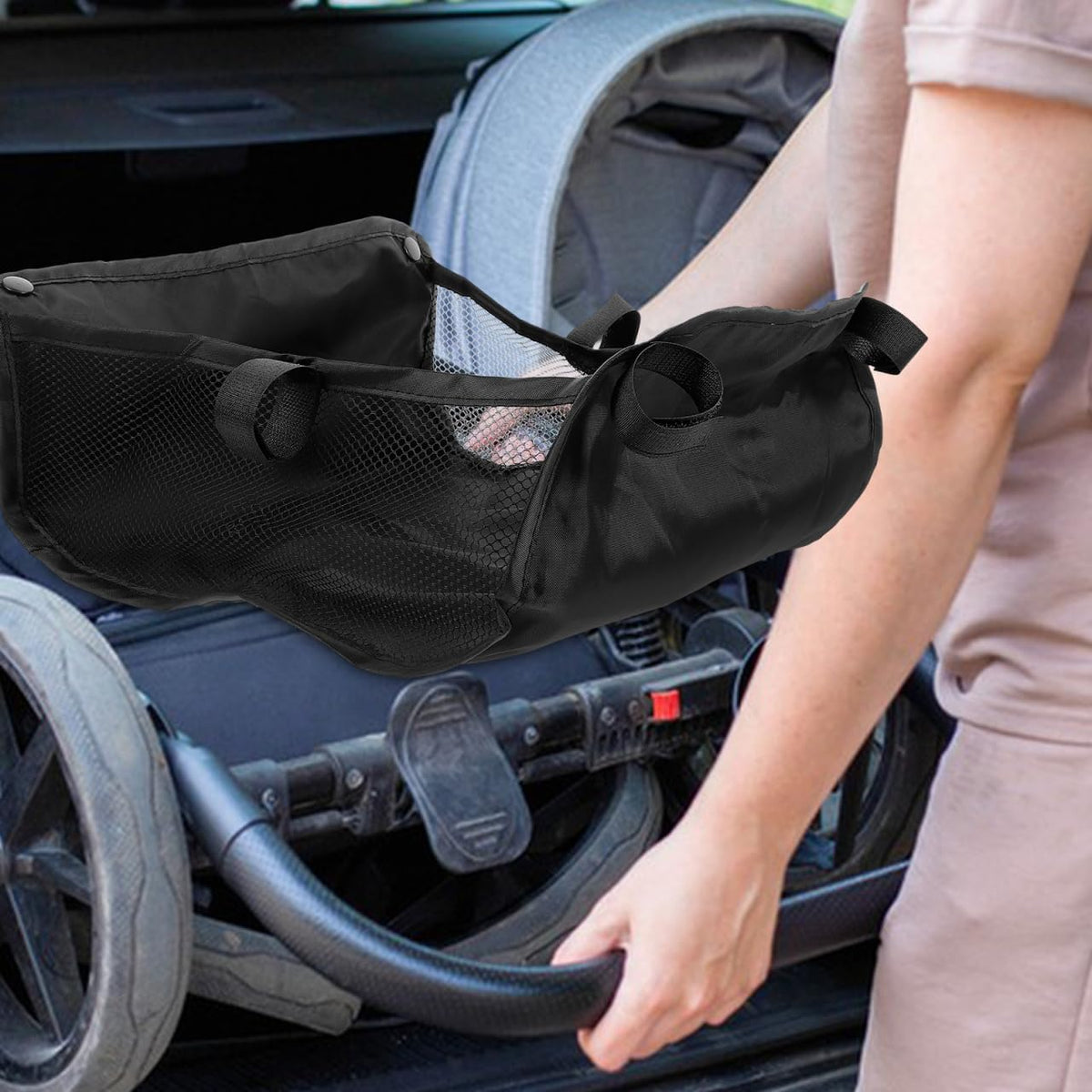 Baby Stroller Bottom Storage Basket 11.81X11.02X5.51In Lightweight Organizer Net Bag for Infant Essentials under Stroller Carrying