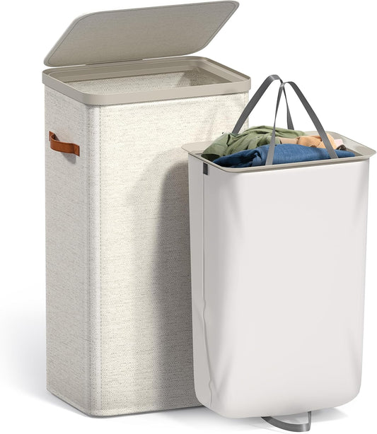 Laundry Hamper with Lid - Collapsible 2-Compartment Fabric Laundry Basket with Handles and Removable Laundry Bag – 45 Gallon (170 L) Dirty Clothes Hamper for Bedroom, bathroom and dorm (Gray)