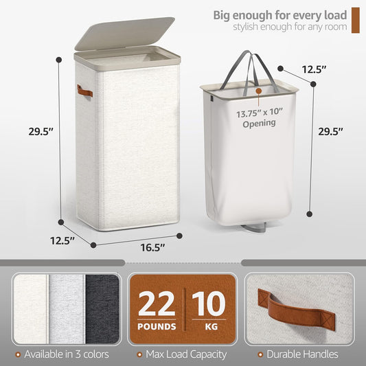 Laundry Hamper with Lid - Collapsible 2-Compartment Fabric Laundry Basket with Handles and Removable Laundry Bag – 45 Gallon (170 L) Dirty Clothes Hamper for Bedroom, bathroom and dorm (Gray)