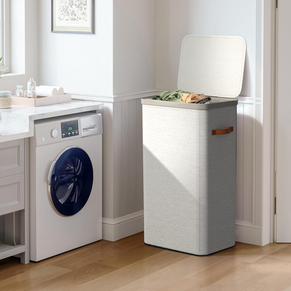 Laundry Hamper with Lid - Collapsible 2-Compartment Fabric Laundry Basket with Handles and Removable Laundry Bag – 45 Gallon (170 L) Dirty Clothes Hamper for Bedroom, bathroom and dorm (Gray)