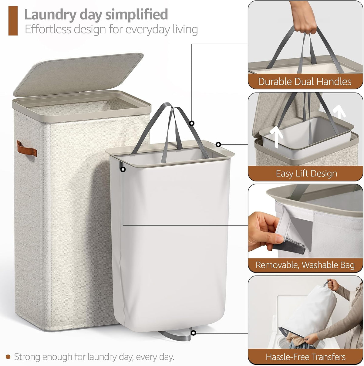 Laundry Hamper with Lid - Collapsible 2-Compartment Fabric Laundry Basket with Handles and Removable Laundry Bag – 45 Gallon (170 L) Dirty Clothes Hamper for Bedroom, bathroom and dorm (Gray)