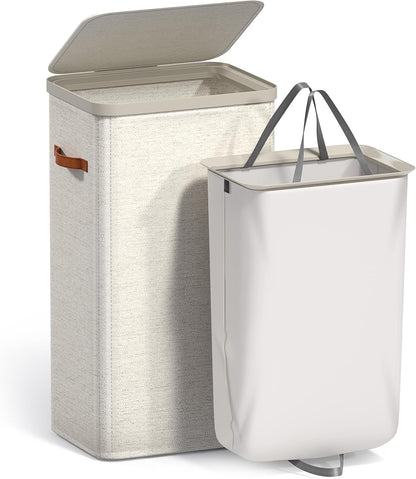 Laundry Hamper with Lid - Collapsible 2-Compartment Fabric Laundry Basket with Handles and Removable Laundry Bag – 45 Gallon (170 L) Dirty Clothes Hamper for Bedroom, bathroom and dorm (Gray)