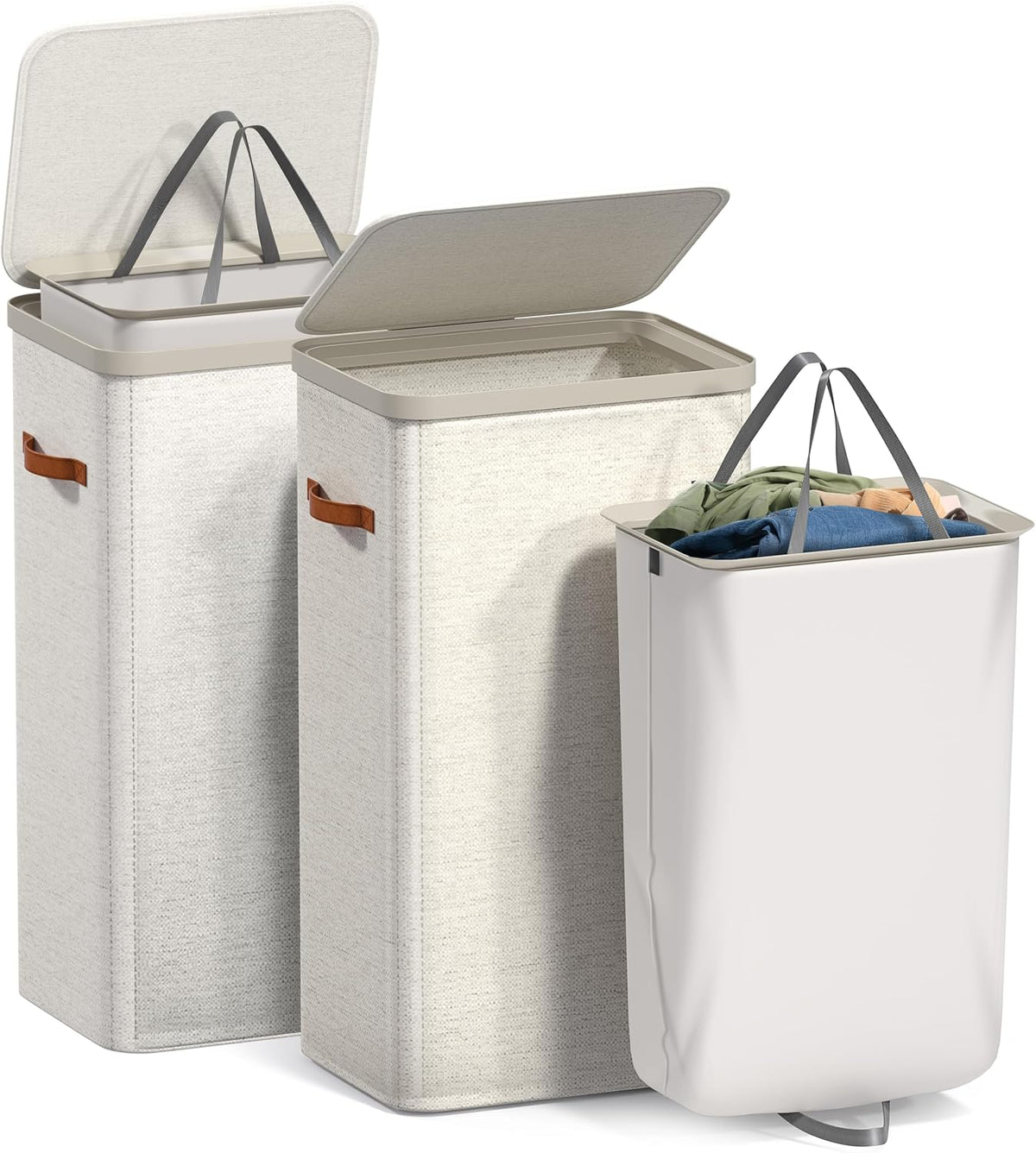 Laundry Hamper with Lid - Collapsible 2-Compartment Fabric Laundry Basket with Handles and Removable Laundry Bag – 45 Gallon (170 L) Dirty Clothes Hamper for Bedroom, bathroom and dorm (Gray)