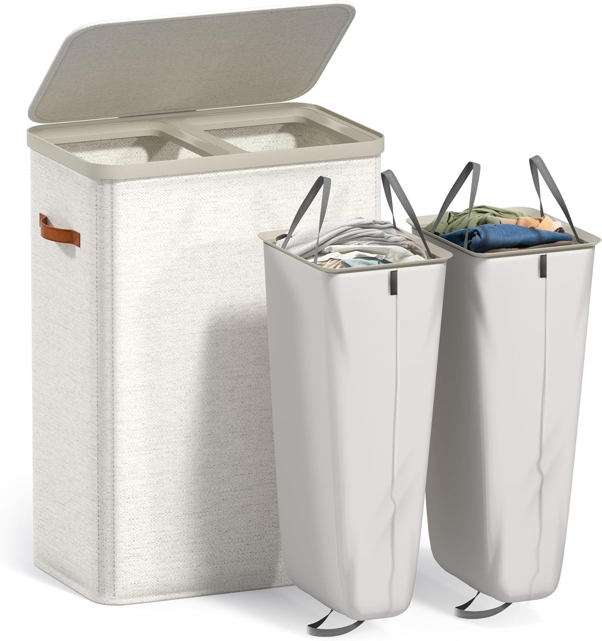 Laundry Hamper with Lid - Collapsible 2-Compartment Fabric Laundry Basket with Handles and Removable Laundry Bag – 45 Gallon (170 L) Dirty Clothes Hamper for Bedroom, bathroom and dorm (Gray)