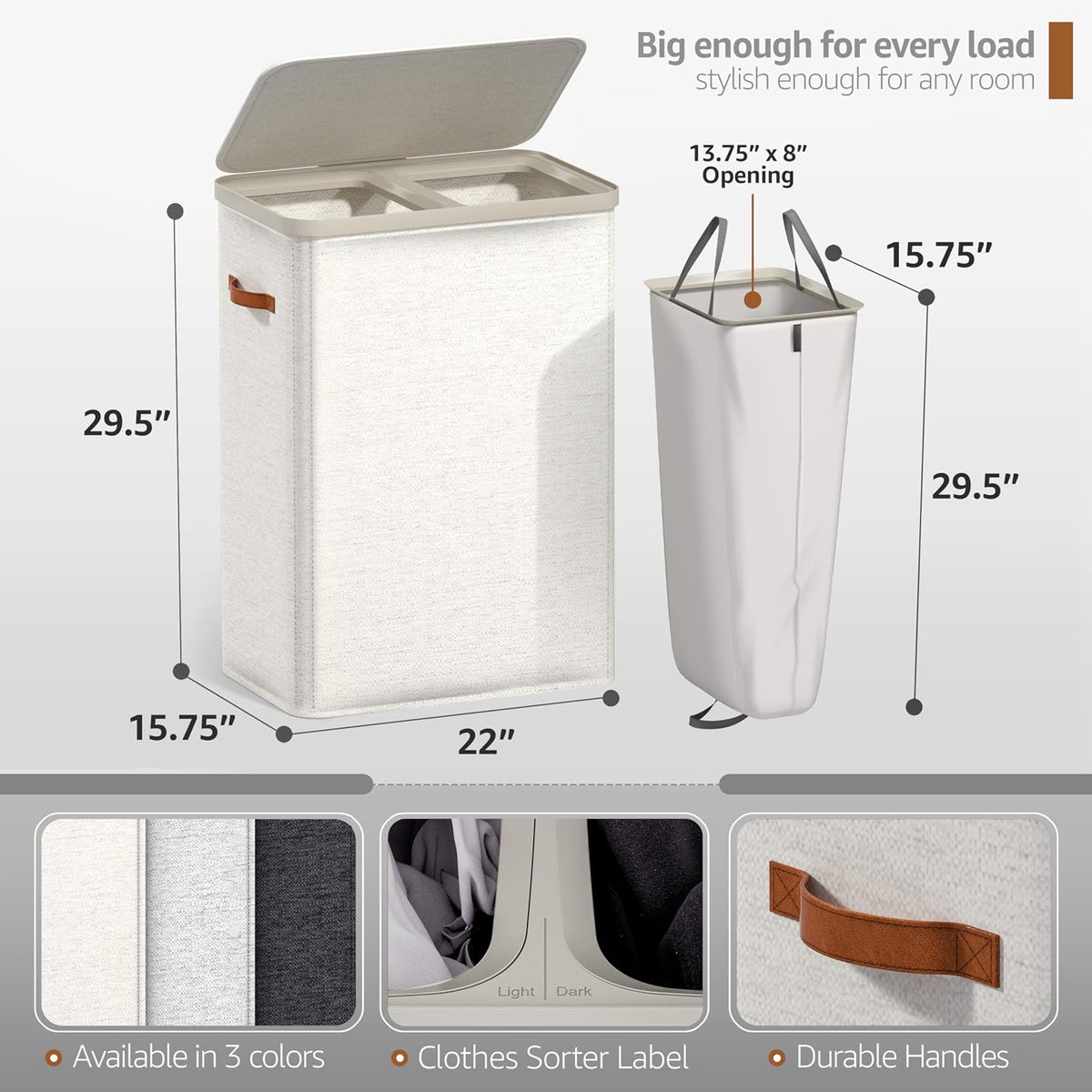 Laundry Hamper with Lid - Collapsible 2-Compartment Fabric Laundry Basket with Handles and Removable Laundry Bag – 45 Gallon (170 L) Dirty Clothes Hamper for Bedroom, bathroom and dorm (Gray)