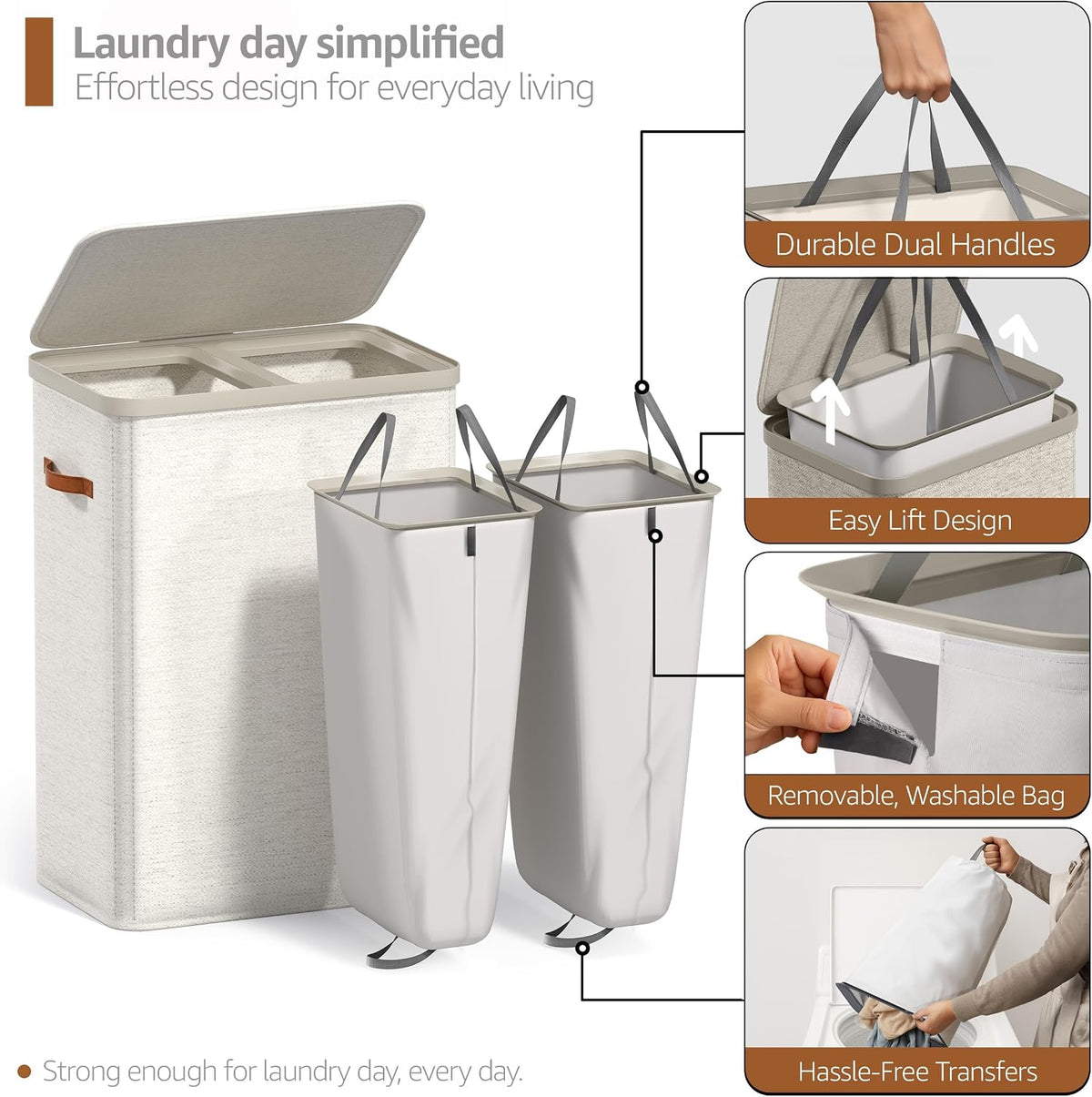 Laundry Hamper with Lid - Collapsible 2-Compartment Fabric Laundry Basket with Handles and Removable Laundry Bag – 45 Gallon (170 L) Dirty Clothes Hamper for Bedroom, bathroom and dorm (Gray)