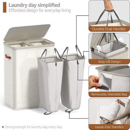 Laundry Hamper with Lid - Collapsible 2-Compartment Fabric Laundry Basket with Handles and Removable Laundry Bag – 45 Gallon (170 L) Dirty Clothes Hamper for Bedroom, bathroom and dorm (Gray)
