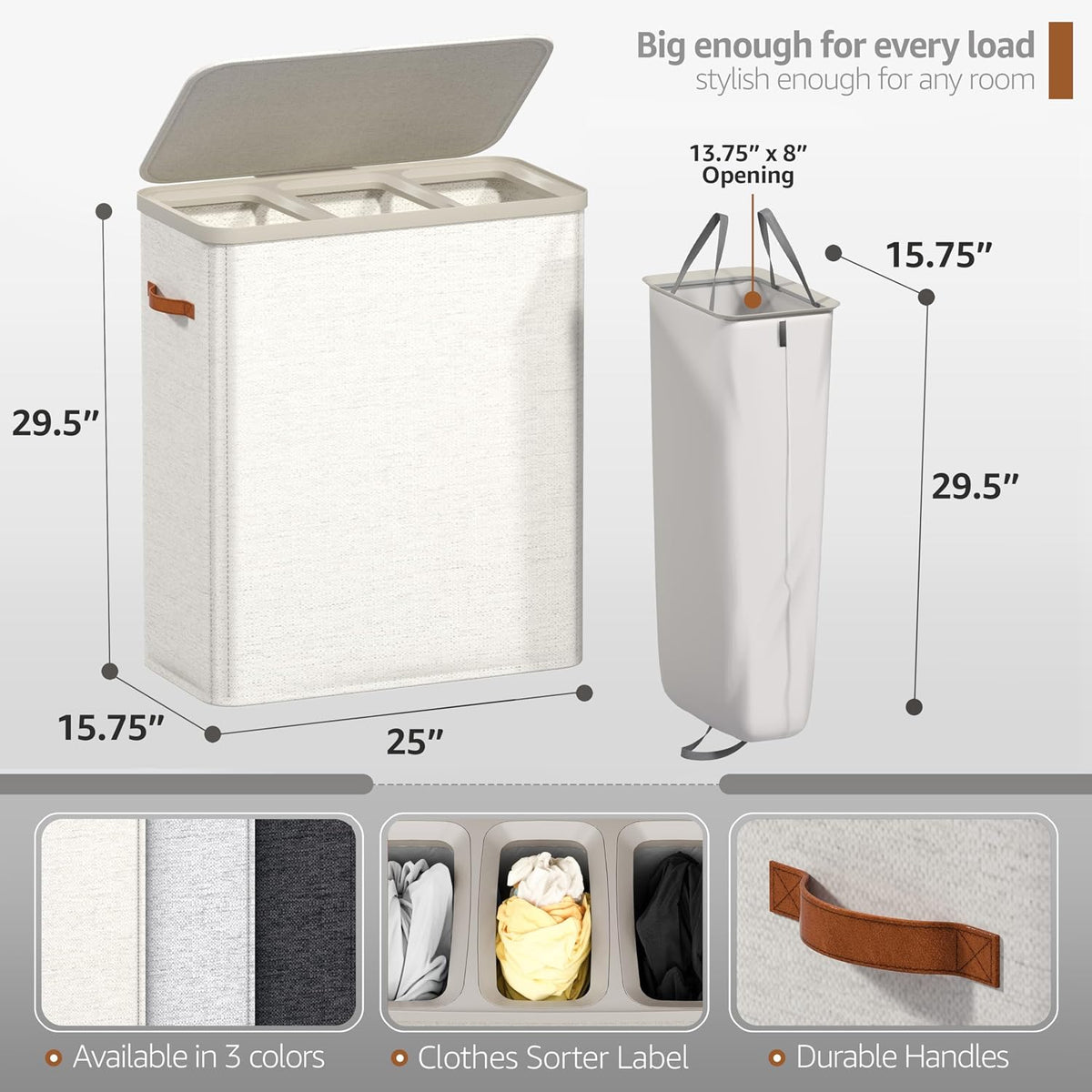 Laundry Hamper with Lid - Collapsible 2-Compartment Fabric Laundry Basket with Handles and Removable Laundry Bag – 45 Gallon (170 L) Dirty Clothes Hamper for Bedroom, bathroom and dorm (Gray)