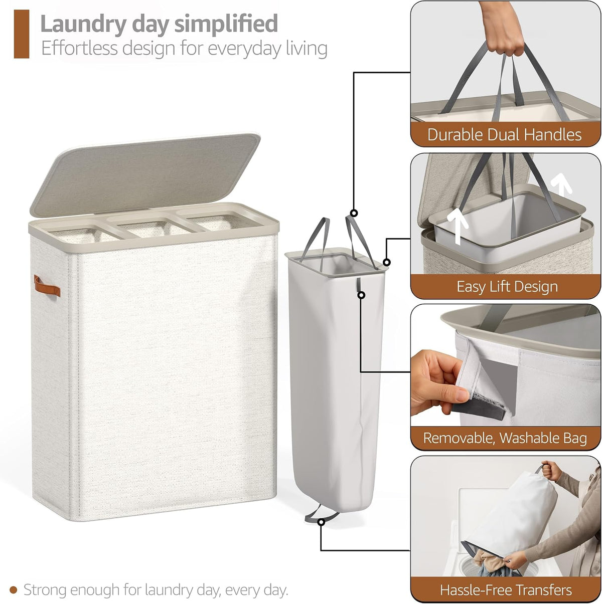 Laundry Hamper with Lid - Collapsible 2-Compartment Fabric Laundry Basket with Handles and Removable Laundry Bag – 45 Gallon (170 L) Dirty Clothes Hamper for Bedroom, bathroom and dorm (Gray)