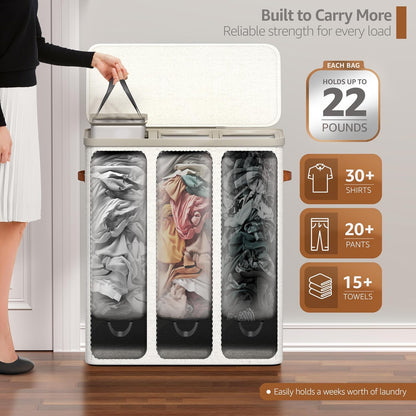Laundry Hamper with Lid - Collapsible 2-Compartment Fabric Laundry Basket with Handles and Removable Laundry Bag – 45 Gallon (170 L) Dirty Clothes Hamper for Bedroom, bathroom and dorm (Gray)
