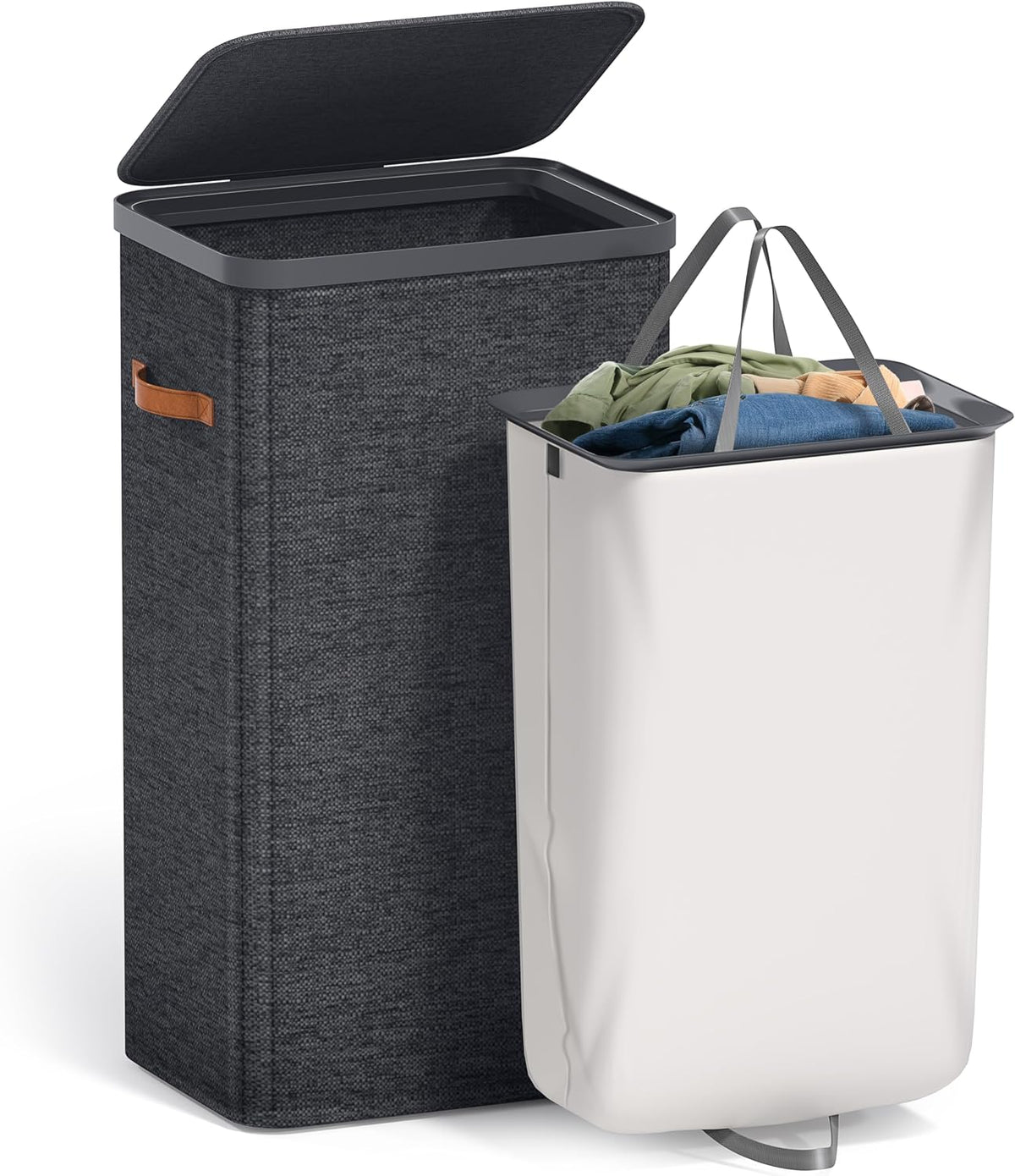 Laundry Hamper with Lid - Collapsible 2-Compartment Fabric Laundry Basket with Handles and Removable Laundry Bag – 45 Gallon (170 L) Dirty Clothes Hamper for Bedroom, bathroom and dorm (Gray)