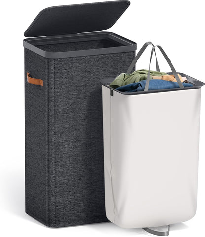 Laundry Hamper with Lid - Collapsible 2-Compartment Fabric Laundry Basket with Handles and Removable Laundry Bag – 45 Gallon (170 L) Dirty Clothes Hamper for Bedroom, bathroom and dorm (Gray)