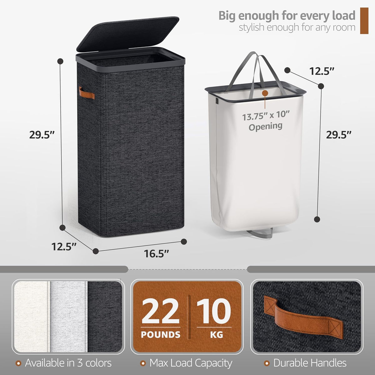 Laundry Hamper with Lid - Collapsible 2-Compartment Fabric Laundry Basket with Handles and Removable Laundry Bag – 45 Gallon (170 L) Dirty Clothes Hamper for Bedroom, bathroom and dorm (Gray)