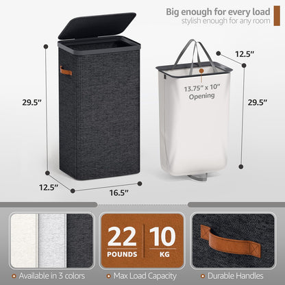 Laundry Hamper with Lid - Collapsible 2-Compartment Fabric Laundry Basket with Handles and Removable Laundry Bag – 45 Gallon (170 L) Dirty Clothes Hamper for Bedroom, bathroom and dorm (Gray)