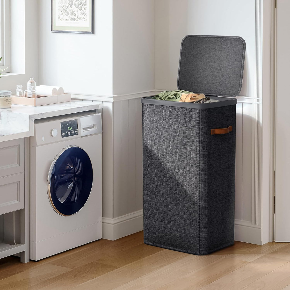 Laundry Hamper with Lid - Collapsible 2-Compartment Fabric Laundry Basket with Handles and Removable Laundry Bag – 45 Gallon (170 L) Dirty Clothes Hamper for Bedroom, bathroom and dorm (Gray)