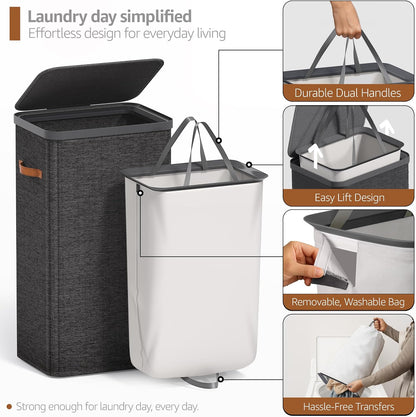 Laundry Hamper with Lid - Collapsible 2-Compartment Fabric Laundry Basket with Handles and Removable Laundry Bag – 45 Gallon (170 L) Dirty Clothes Hamper for Bedroom, bathroom and dorm (Gray)