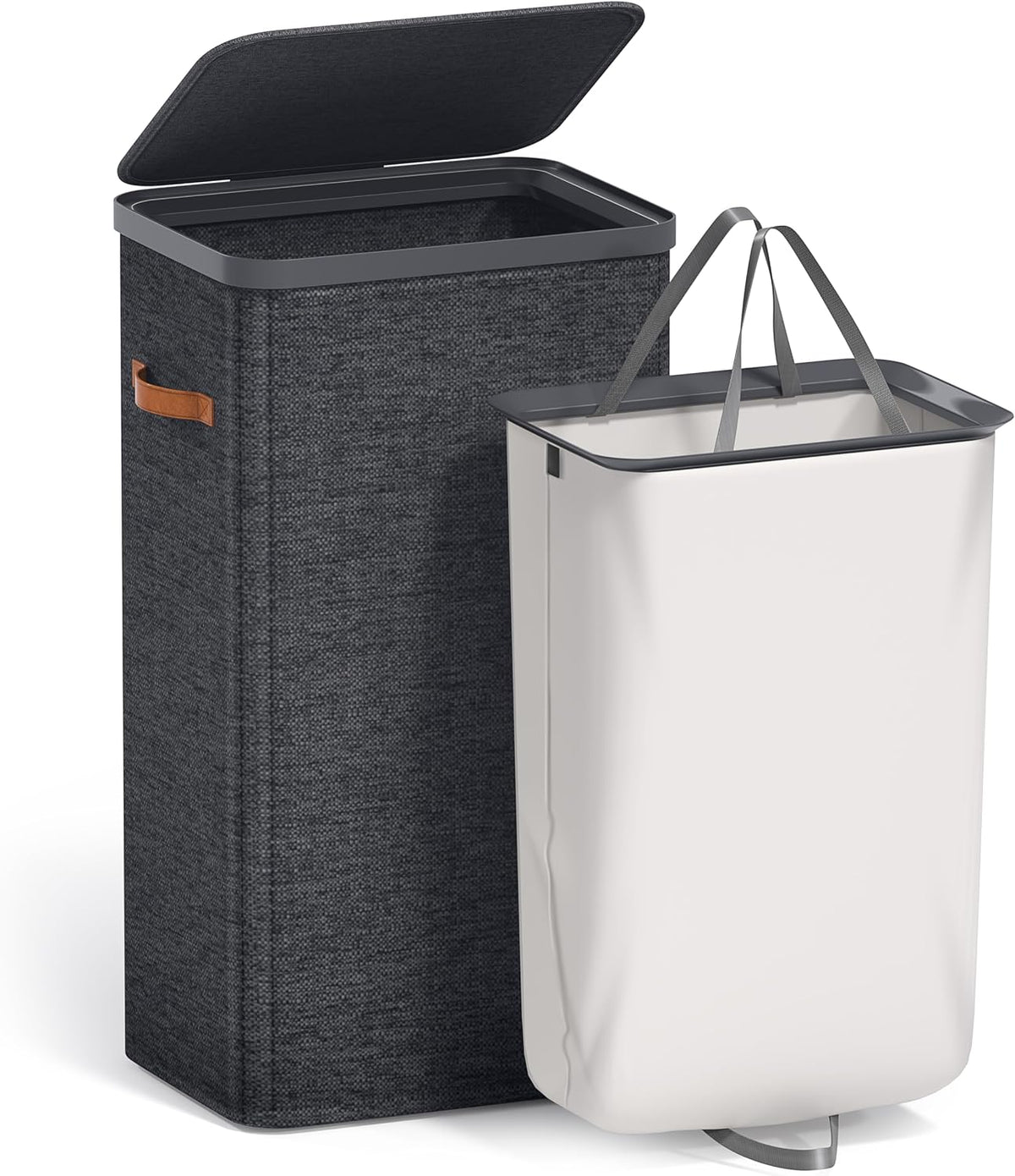 Laundry Hamper with Lid - Collapsible 2-Compartment Fabric Laundry Basket with Handles and Removable Laundry Bag – 45 Gallon (170 L) Dirty Clothes Hamper for Bedroom, bathroom and dorm (Gray)