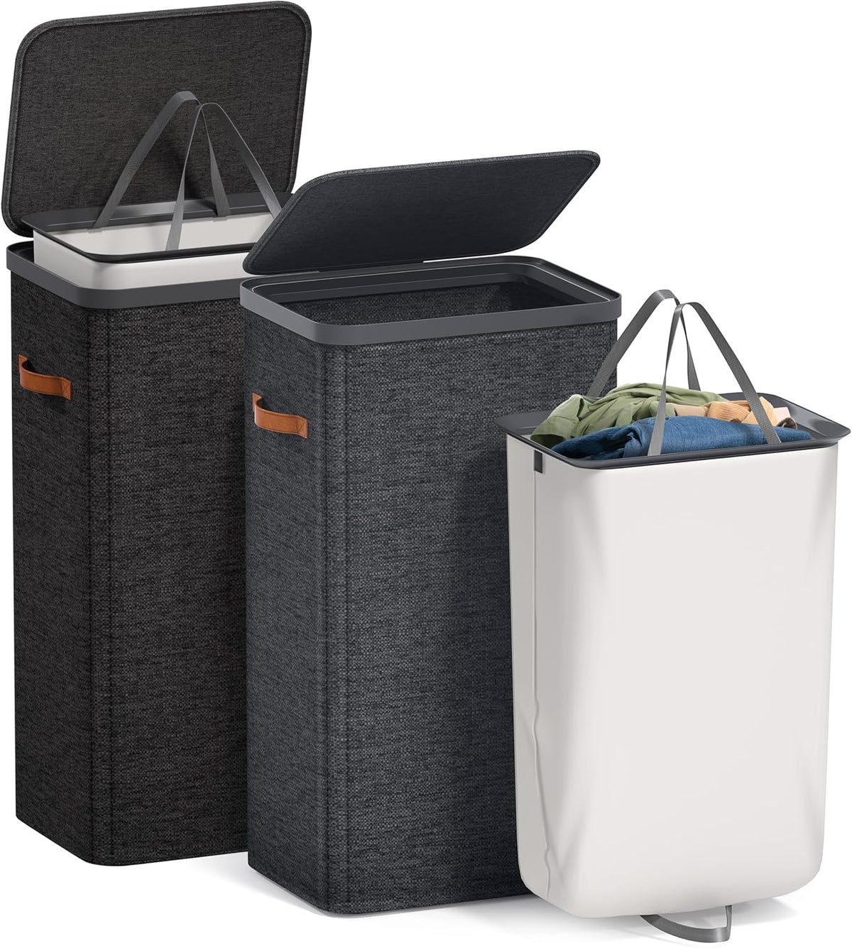 Laundry Hamper with Lid - Collapsible 2-Compartment Fabric Laundry Basket with Handles and Removable Laundry Bag – 45 Gallon (170 L) Dirty Clothes Hamper for Bedroom, bathroom and dorm (Gray)