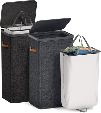 Laundry Hamper with Lid - Collapsible 2-Compartment Fabric Laundry Basket with Handles and Removable Laundry Bag – 45 Gallon (170 L) Dirty Clothes Hamper for Bedroom, bathroom and dorm (Gray)
