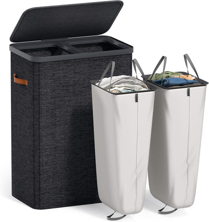 Laundry Hamper with Lid - Collapsible 2-Compartment Fabric Laundry Basket with Handles and Removable Laundry Bag – 45 Gallon (170 L) Dirty Clothes Hamper for Bedroom, bathroom and dorm (Gray)
