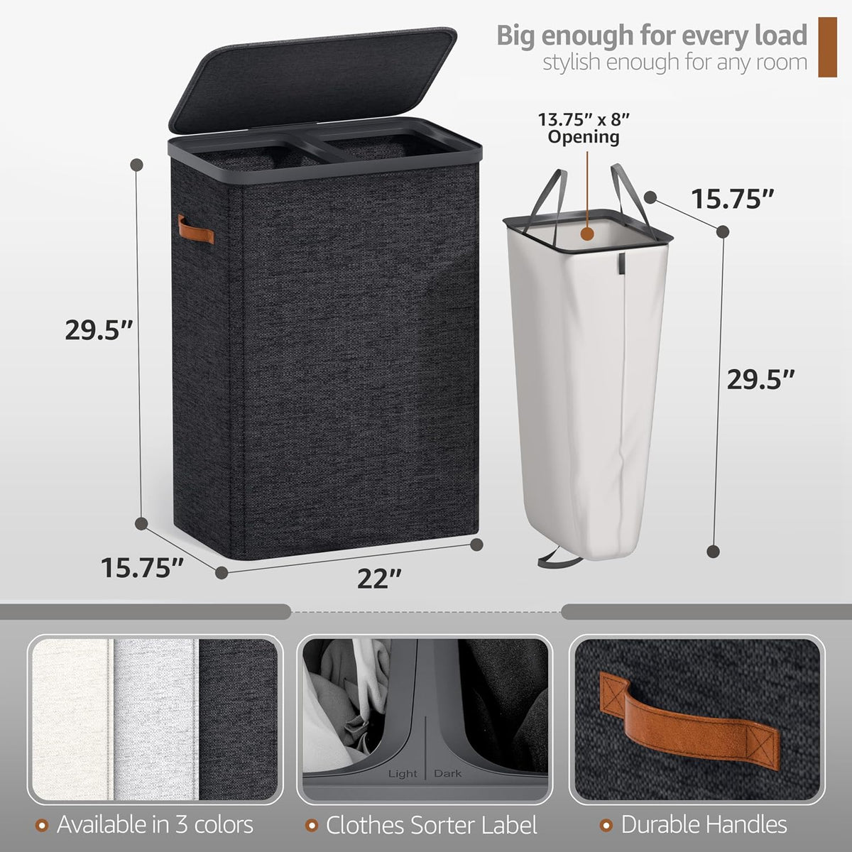 Laundry Hamper with Lid - Collapsible 2-Compartment Fabric Laundry Basket with Handles and Removable Laundry Bag – 45 Gallon (170 L) Dirty Clothes Hamper for Bedroom, bathroom and dorm (Gray)
