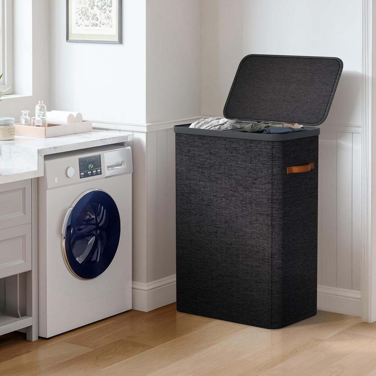Laundry Hamper with Lid - Collapsible 2-Compartment Fabric Laundry Basket with Handles and Removable Laundry Bag – 45 Gallon (170 L) Dirty Clothes Hamper for Bedroom, bathroom and dorm (Gray)