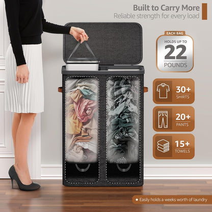 Laundry Hamper with Lid - Collapsible 2-Compartment Fabric Laundry Basket with Handles and Removable Laundry Bag – 45 Gallon (170 L) Dirty Clothes Hamper for Bedroom, bathroom and dorm (Gray)