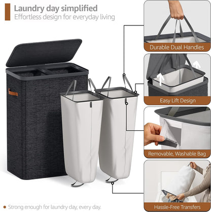 Laundry Hamper with Lid - Collapsible 2-Compartment Fabric Laundry Basket with Handles and Removable Laundry Bag – 45 Gallon (170 L) Dirty Clothes Hamper for Bedroom, bathroom and dorm (Gray)