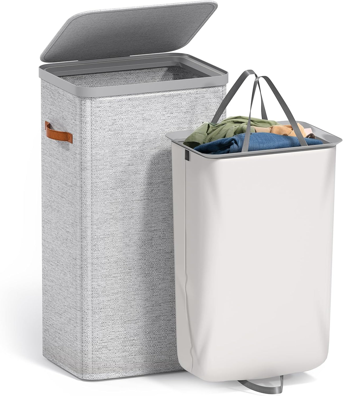 Laundry Hamper with Lid - Collapsible 2-Compartment Fabric Laundry Basket with Handles and Removable Laundry Bag – 45 Gallon (170 L) Dirty Clothes Hamper for Bedroom, bathroom and dorm (Gray)