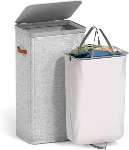 Laundry Hamper with Lid - Collapsible 2-Compartment Fabric Laundry Basket with Handles and Removable Laundry Bag – 45 Gallon (170 L) Dirty Clothes Hamper for Bedroom, bathroom and dorm (Gray)