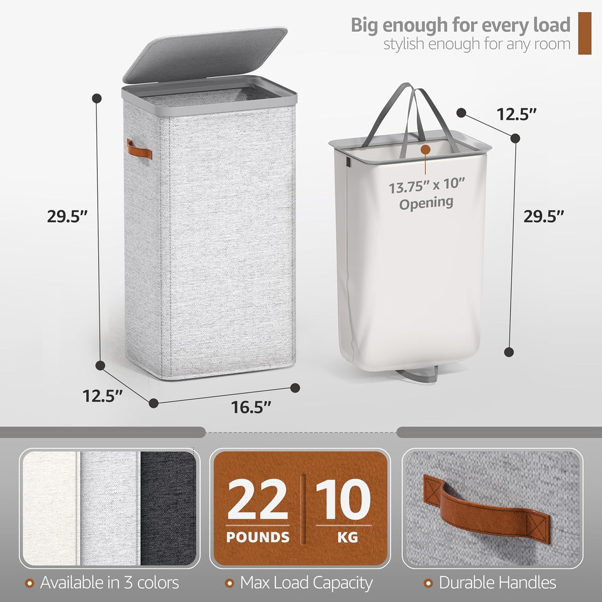 Laundry Hamper with Lid - Collapsible 2-Compartment Fabric Laundry Basket with Handles and Removable Laundry Bag – 45 Gallon (170 L) Dirty Clothes Hamper for Bedroom, bathroom and dorm (Gray)