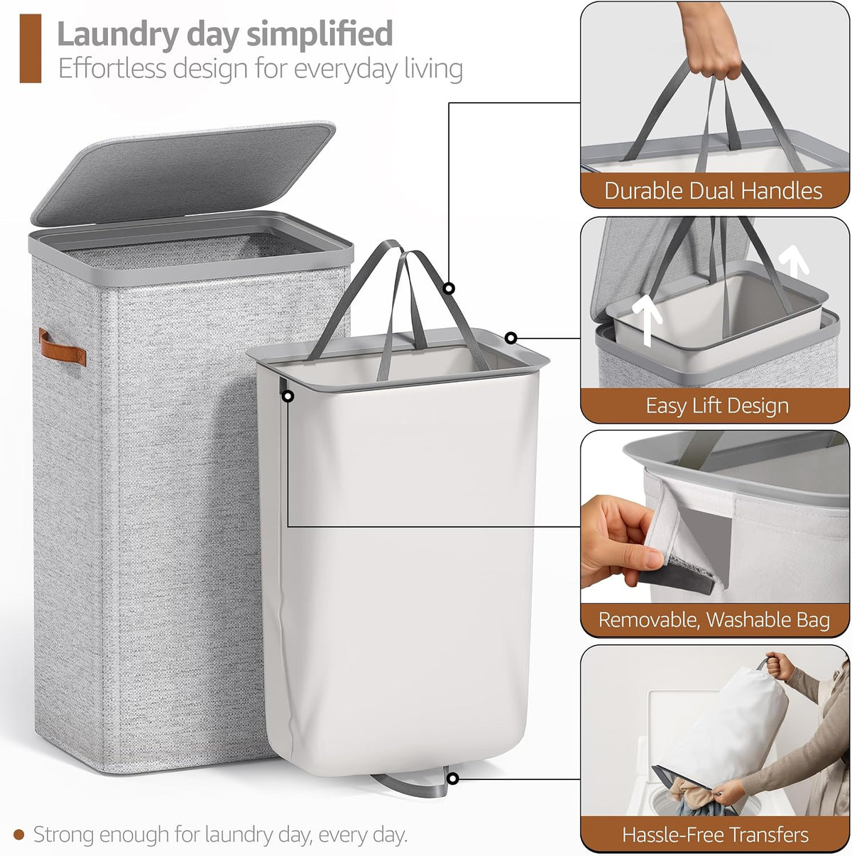 Laundry Hamper with Lid - Collapsible 2-Compartment Fabric Laundry Basket with Handles and Removable Laundry Bag – 45 Gallon (170 L) Dirty Clothes Hamper for Bedroom, bathroom and dorm (Gray)